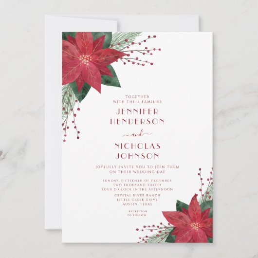 赤エレガントフローラポインセチア結婚クリスマス 招待状 (正面)
