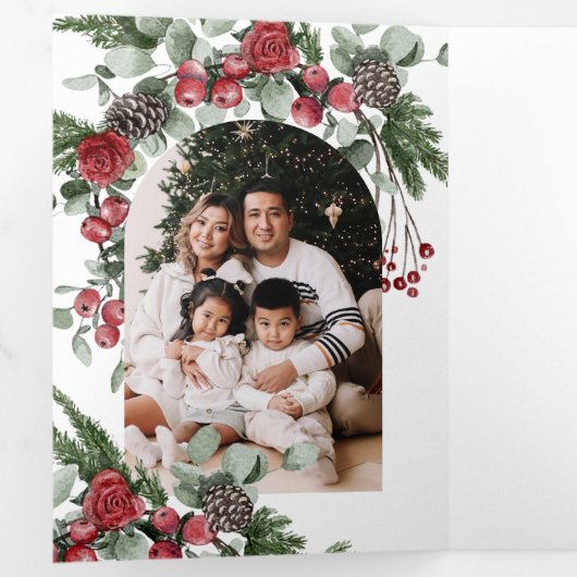 赤エレガントフローラ写真クリスマス 三つ折りクリスマスカード (内部最初)