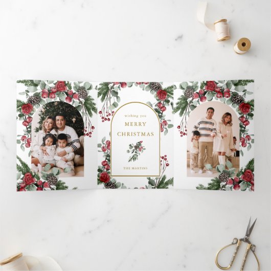 赤エレガントフローラ写真クリスマス 三つ折りクリスマスカード (内部)