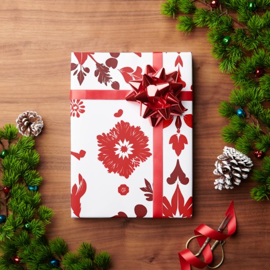 赤エレガントフローラ対称ラッピング紙 ラッピングペーパー (クリスマスギフト)