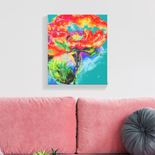 赤エレガントフローラ水絵画色ティール(緑がかった色) キャンバスプリント (インサイチュ (リビング))