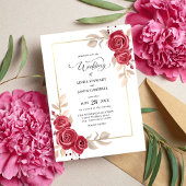 赤エレガントフローラ金ゴールドフレーム結婚式招待状 招待状