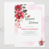 赤エレガントフローラSweet sixteenピンクアクセント 招待状 (正面/裏面)