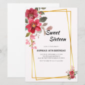 赤エレガントフローラSweet sixteen金ゴールドフレーム 招待状 (正面/裏面)