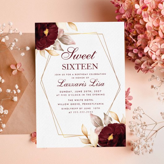 赤エレガントフローラSweet sixteen16誕生日 招待状