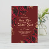 赤エレガントブルゴーニュと金ゴールドバラのフローラ結婚 招待状 (スタンド正面)