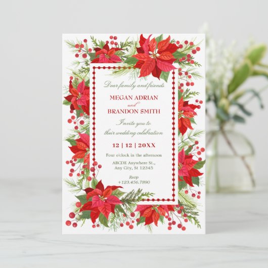 赤エレガントベリーフローラのクリスマス結婚の 招待状 (スタンド正面)