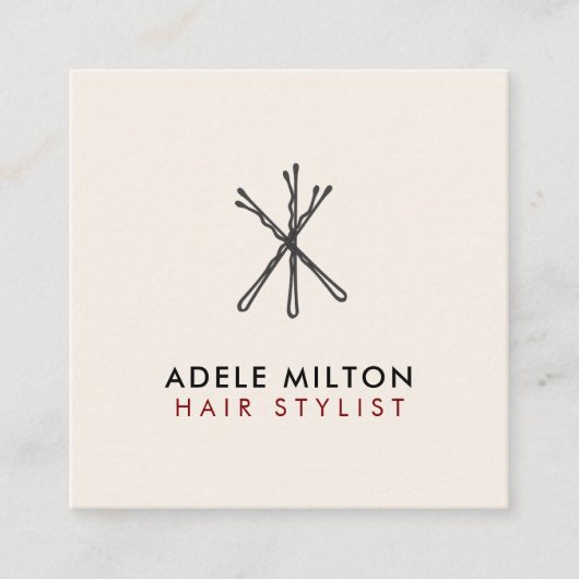 赤エレガントベージュ色ホワイトボビーピンヘア スクエア名刺 (正面)