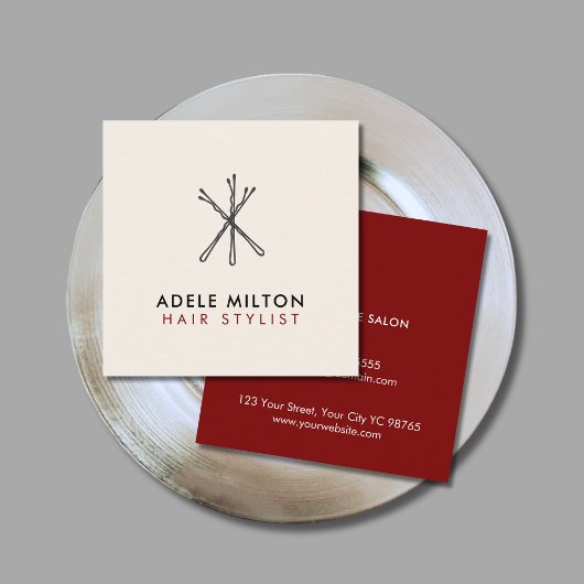 赤エレガントベージュ色ホワイトボビーピンヘア スクエア名刺