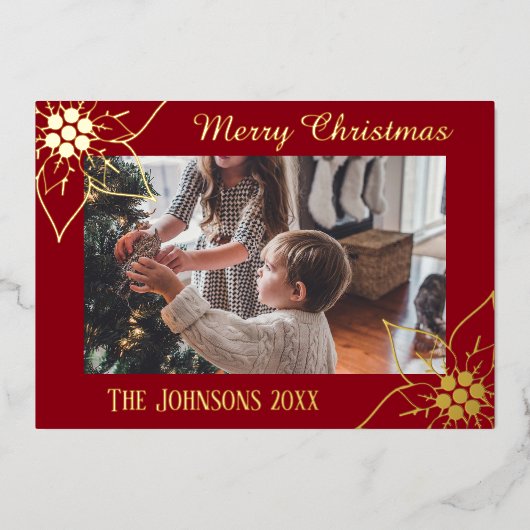 赤エレガントポインセチアのクリスマス写真 箔シーズンカード (正面)