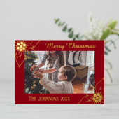 赤エレガントポインセチアのクリスマス写真 箔シーズンカード (立ち正面)