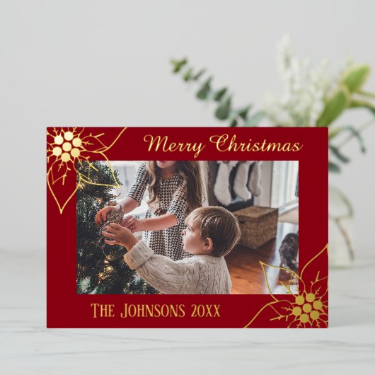赤エレガントポインセチアのクリスマス写真 箔シーズンカード (立ち正面)