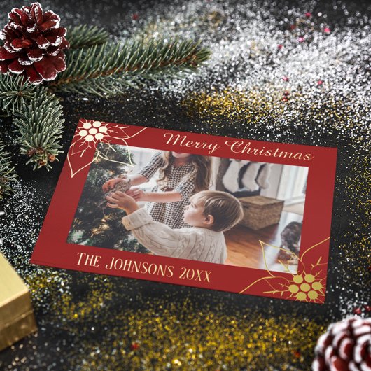 赤エレガントポインセチアのクリスマス写真 箔シーズンカード