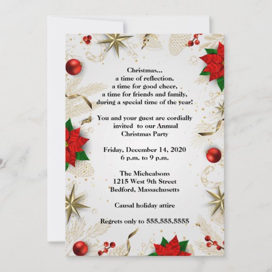 赤エレガントポインセチアパーティー 招待状 (正面)