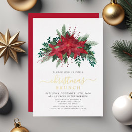 赤エレガントポインセチアフローラクリスマスブランチ 箔招待状