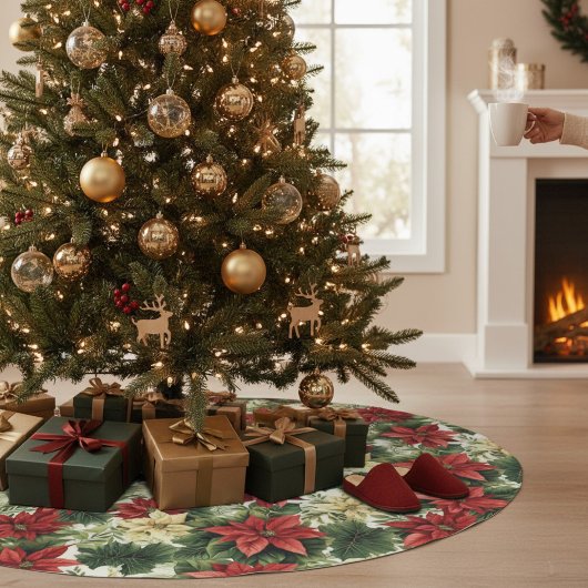 赤エレガントポインセチアフローラクリスマスホリデー ブラッシュドポリエステルツリースカート