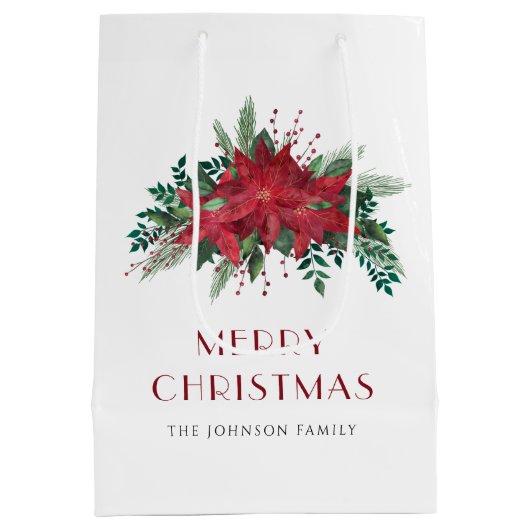 赤エレガントポインセチアフローラクリスマス ミディアムペーパーバッグ (裏面)