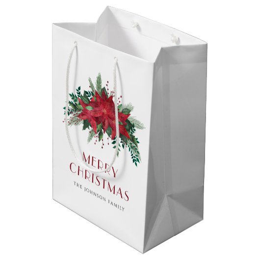 赤エレガントポインセチアフローラクリスマス ミディアムペーパーバッグ (裏面アングル)