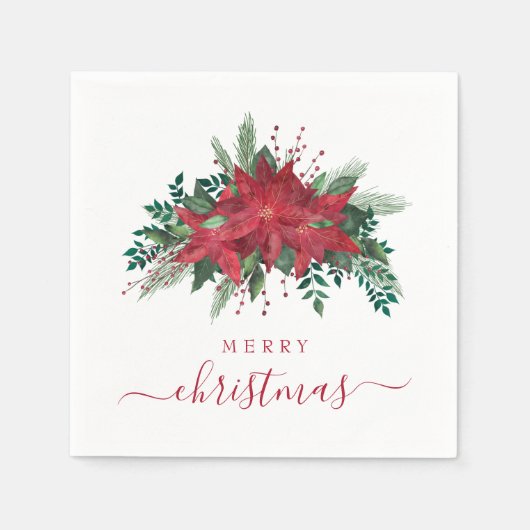 赤エレガントポインセチアフローラスクリプトクリスマス スタンダードカクテルナプキン (正面)