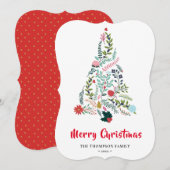 赤エレガントポインセチアフローラパインツリークリスマス シーズンカード (正面/裏面)