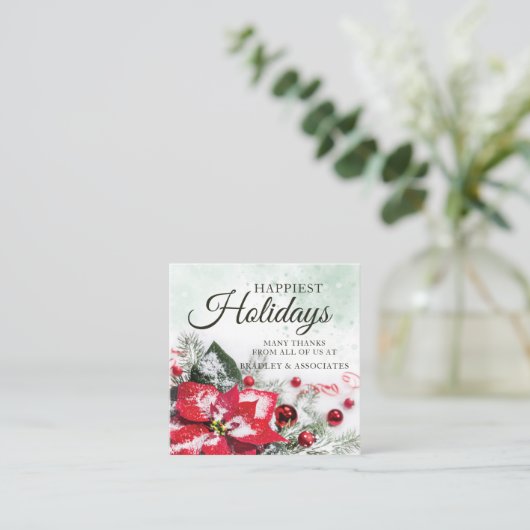 赤エレガントポインセチア企業のクリスマスホリデー スクエア名刺 (スタンド正面)