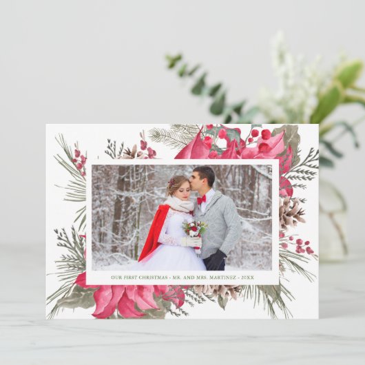 赤エレガントポインセチア写真初めてのクリスマス シーズンカード (スタンド正面)