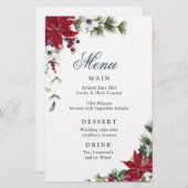 赤エレガントポインセチア冬のウェディングディナーメニュー (正面/裏面)