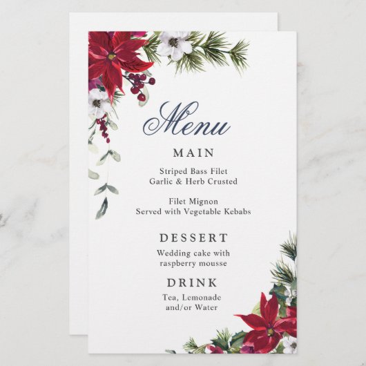 赤エレガントポインセチア冬のウェディングディナーメニュー (正面/裏面)