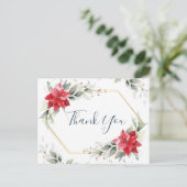 赤エレガントポインセチア冬の緑ありがとう ポストカード (スタンド正面)