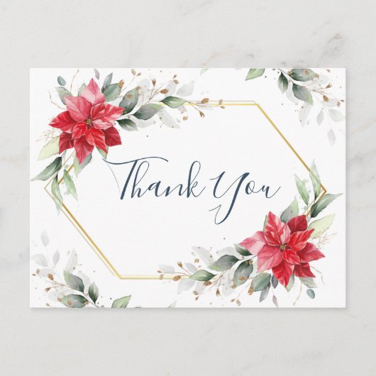 赤エレガントポインセチア冬の緑ありがとう ポストカード (正面)