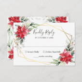 赤エレガントポインセチア冬結婚緑 出欠カード (正面/裏面)