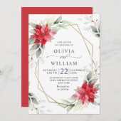 赤エレガントポインセチア冬結婚緑 招待状 (正面/裏面)