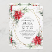 赤エレガントポインセチア冬結婚緑 招待状 (正面/裏面)
