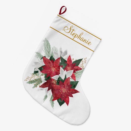 赤エレガントポインセチア名前をカスタムするクリスマス ラージクリスマスストッキング (正面 (吊り時))