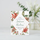 赤エレガントポインセチア松の結婚式の日付を保存 ポストカード (スタンド正面)