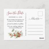 赤エレガントポインセチア松の結婚式の日付を保存 ポストカード (裏面)