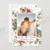 赤エレガントポインセチア松の結婚式の日付を保存 ポストカード (正面/裏面)