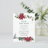 赤エレガントポインセチア松の結婚式の日付を保存 ポストカード (スタンド正面)