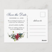 赤エレガントポインセチア松の結婚式の日付を保存 ポストカード (裏面)