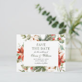 赤エレガントポインセチア松の結婚式の日付を保存 ポストカード (スタンド正面)