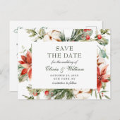 赤エレガントポインセチア松の結婚式の日付を保存 ポストカード (正面/裏面)