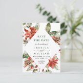 赤エレガントポインセチア松の結婚式の日付を保存 ポストカード (スタンド正面)