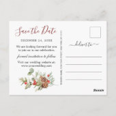 赤エレガントポインセチア松の結婚式の日付を保存 ポストカード (裏面)