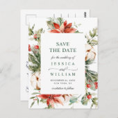 赤エレガントポインセチア松の結婚式の日付を保存 ポストカード (正面/裏面)