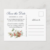 赤エレガントポインセチア松の結婚式の日付を保存 案内ポストカード (裏面)