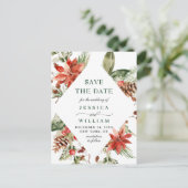 赤エレガントポインセチア松の結婚式の日付を保存 案内ポストカード (スタンド正面)