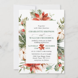 赤エレガントポインセチア松モミの水の色結婚の 招待状