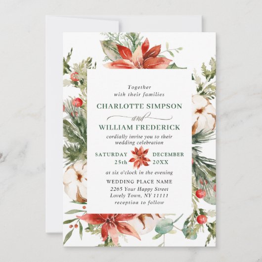 赤エレガントポインセチア松モミの水の色結婚の 招待状 (正面)