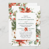 赤エレガントポインセチア松モミの水の色結婚の 招待状 (正面/裏面)