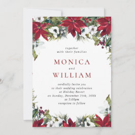 赤エレガントポインセチア松モミの水の色結婚の 招待状